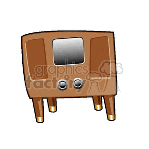 A clipart image of a retro television set with wooden frame and legs, featuring a small screen and two control knobs.