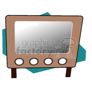 Clipart image of an old-fashioned television set with a brown frame, four circular buttons, and two legs. A teal shape is in the background.