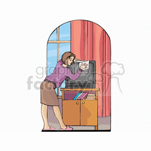 Woman Cleaning TV Screen in Living Room