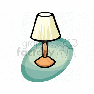 Clipart image of a table lamp with a beige shade and a wooden base standing on a green surface.