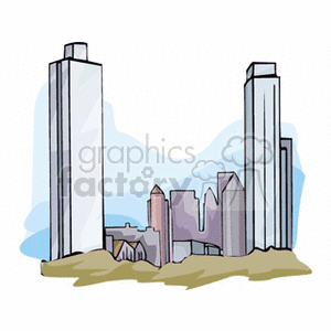 Clipart image of a city skyline featuring various skyscrapers and buildings.