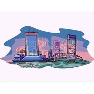 A colorful clipart illustration of a city skyline with skyscrapers and a bridge.