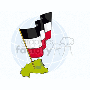 The clipart image features a flag, comprised of black, white, and red stripes, planted on a stylized representation of a green landmass, with a backdrop of the globe showcasing latitude and longitude lines. The keywords suggest that the flag is related to Upper Volta, which could imply a historical context since Upper Volta is the former name of the country now known as Burkina Faso.