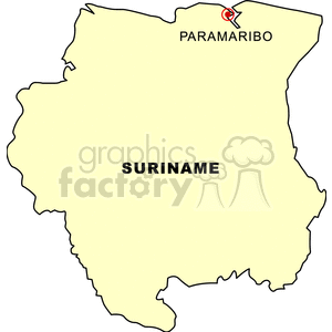 A simple outline map of Suriname highlighting the capital city, Paramaribo.