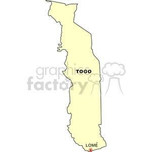 A clipart image of the outline map of Togo with the capital city, Lom, marked.