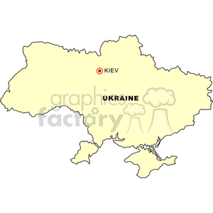 Clipart image of a simple political map of Ukraine with the capital city, Kiev, marked.