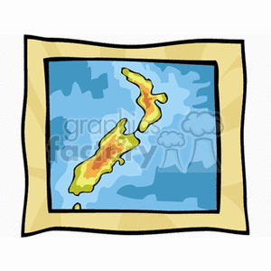 A clipart illustration of a map featuring the islands of New Zealand.