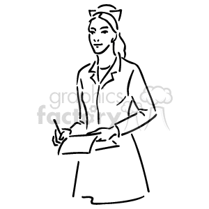 A black and white clipart image of a nurse holding a clipboard and pen, wearing a nurse's uniform and hat.
