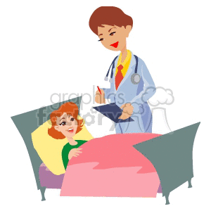 A doctor is attending to a patient who is lying in a hospital bed, taking notes on a clipboard.