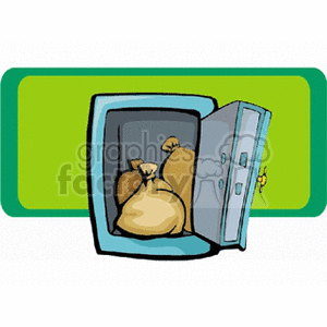 Clipart image of an open safe containing money bags.