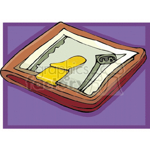 Clipart image of a brown wallet containing paper money with a purple background.