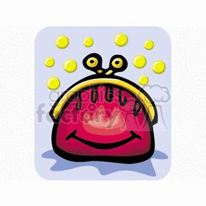 A colorful, smiling coin purse clipart image featuring a red coin purse with eyes on top and yellow coins floating around it.