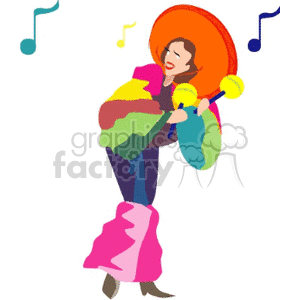 Colorful clipart of a dancer wearing a sombrero and traditional attire, playing maracas with musical notes in the background.