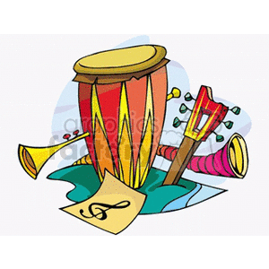 Vibrant Music Instruments : Drum, Trumpet, and Guitar