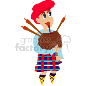 A cartoon musician playing bagpipes, wearing a traditional Scottish kilt and a red cap.