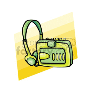 Clipart of a retro Walkman with headphones on a yellow background.