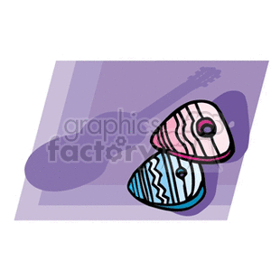 Clipart image of two colorful guitar picks with a guitar silhouette in the background.