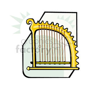 A clipart image of a golden harp with strings against a decorative background.