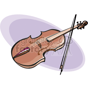 Clipart image of a violin and bow with a purple background shadow.