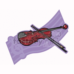 Clipart illustration of a violin with a bow on a purple music staff background.