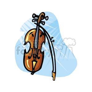 Clipart image of a violin with a bow against a blue abstract background.