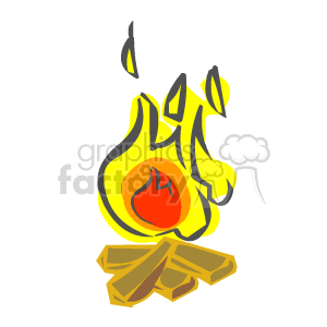   The image is a stylized depiction of a campfire. It features yellow and orange flames with a reddish center, indicating the hottest part of the fire. The flames are leaping upwards, and black lines suggest flickering movement. Below the flames, there