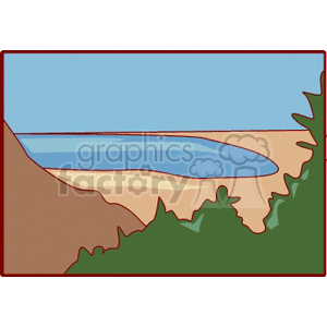 A stylized clipart image depicting a beach scene with ocean, sand, and surrounding vegetation.