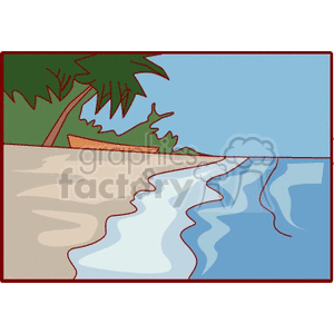 A clipart image depicting a scenic beach with ocean waves, a sandy shore, and tropical greenery.