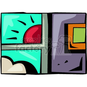 Colorful clipart of a window showing morning sunshine with abstract shapes and bright colors.