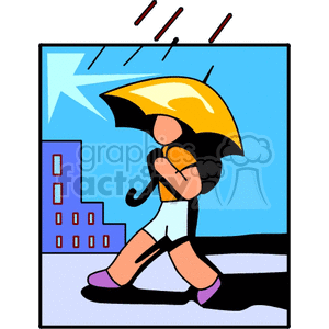 A clipart image of a boy walking in a city while holding a yellow umbrella as rain falls.