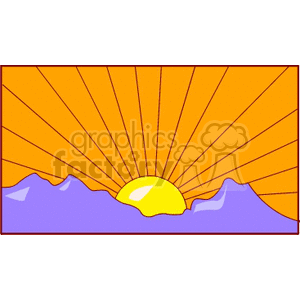 Clipart of a yellow sun rising or setting behind purple mountains, with orange rays extending across the sky.