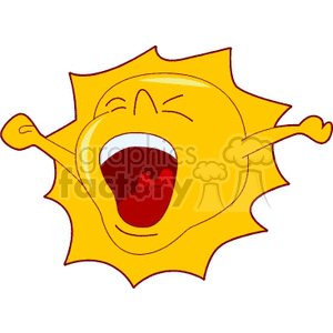 Cartoon sun yawning with arms stretched out, symbolizing a tired or waking morning.