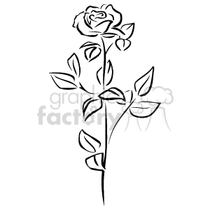 The clipart image depicts a single stem rose with leaves and thorns. The illustration is a line drawing with no color, showcasing the outline and some inner details of the rose and leaves.