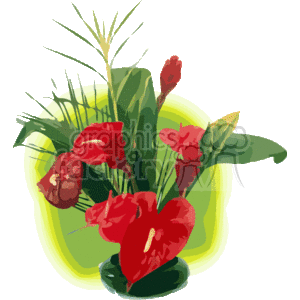 The clipart image presents a stylized arrangement of tropical flowers, including what could be interpreted as red anthuriums and perhaps some heliconia or ginger flowers. The floral arrangement is accented with lush green leaves and slender grass-like elements, all against a transparent background.