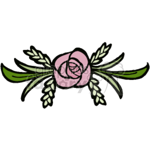 The clipart image features a stylized pink rose at the center with green leaves and additional greenery or possibly floral elements that resemble wheat or some kind of grasses fanning out from both sides of the rose.