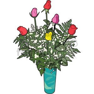 A colorful bouquet of roses in a blue vase, featuring red, pink, and yellow flowers with green foliage.