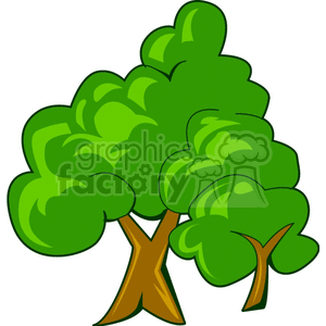 Illustration of two cartoon-style trees with lush green foliage.