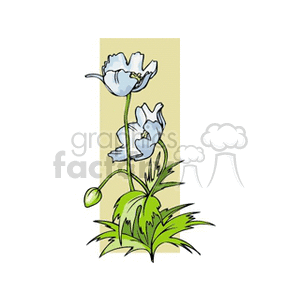 Clipart image of stylized white flowers with green leaves against a beige background.