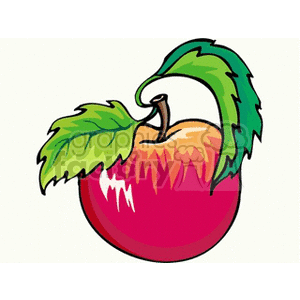 A vibrant clipart image of a red apple with green leaves.