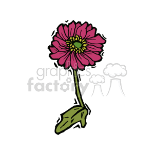 The clipart image features a stylized representation of a single pink flower with a green stem and leaves. The flower has multiple layers of petals and a detailed center which could indicate stamens and pistils.
