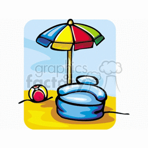 Beach chair with umbrella and ball