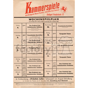 Clipart image of a theatre schedule from Kammerspiele, featuring show times and titles such as 'Das Grabmal des Unbekannten Soldaten,' 'Franzsische Komdien,' 'Torquato Tasso,' and others, for the week of January 4 to January 15.