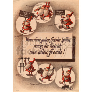 Vintage clipart depicting five elf-like characters demonstrating attributes such as teamwork, economy, safety, cleanliness, punctuality, and order. The characters are positioned around a motivational central message written in German.