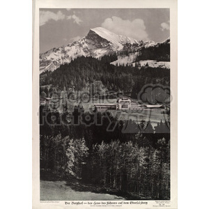 A black-and-white clipart image depicting a mountainous landscape with a large building nestled among trees. The mountainous backdrop is snow-capped and surrounded by coniferous forest.
