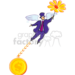   This clipart image features a stylized character in a purple suit with wings, appearing to be flying towards a large orange flower. Below the character, there