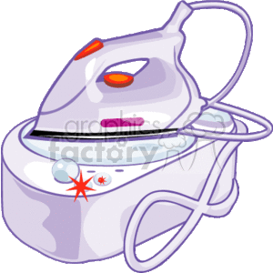 The clipart image depicts an electric steam iron, commonly used for ironing clothes. The iron appears to have various controls and a power cord attached to it.