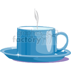 This image features a stylized blue tea or coffee cup with steam rising from it, indicating a hot beverage. The cup is placed on a matching blue saucer and there are sparkles to suggest the cup is shiny or clean.