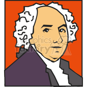   The clipart image features a stylized representation of a man traditionally associated with being a historical figure, commonly recognized due to his distinctive hairstyle and attire that suggests a late 18th-century fashion. The image uses bold, flat colors, with an orange background, and appears to be designed in a way that could be associated with U.S. Presidents