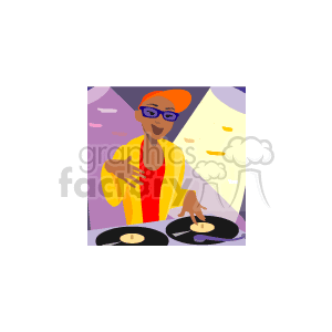   The image is a colorful clipart illustration of an African American DJ. It features the DJ wearing glasses and a cap, engaged in scratching records on a pair of turntables. There