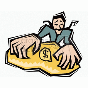 A cartoon businessman in a suit hangs desperately onto the edge of a cliff, clutching a large gold coin with a dollar sign.